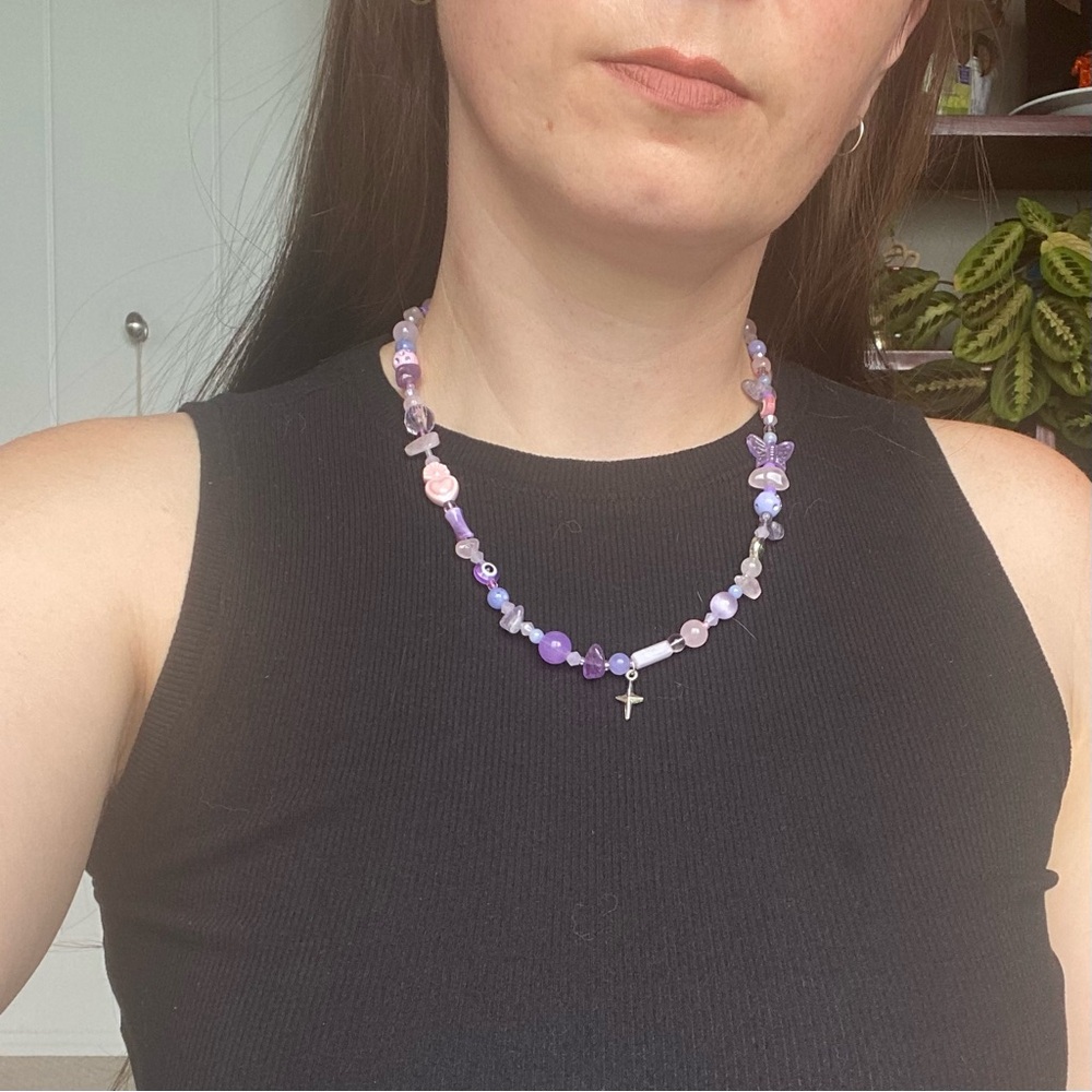 Northern Star Pink & Purple Beaded Necklace Mixed Beads Silver Heart Rose Quartz - Picture 7 of 10